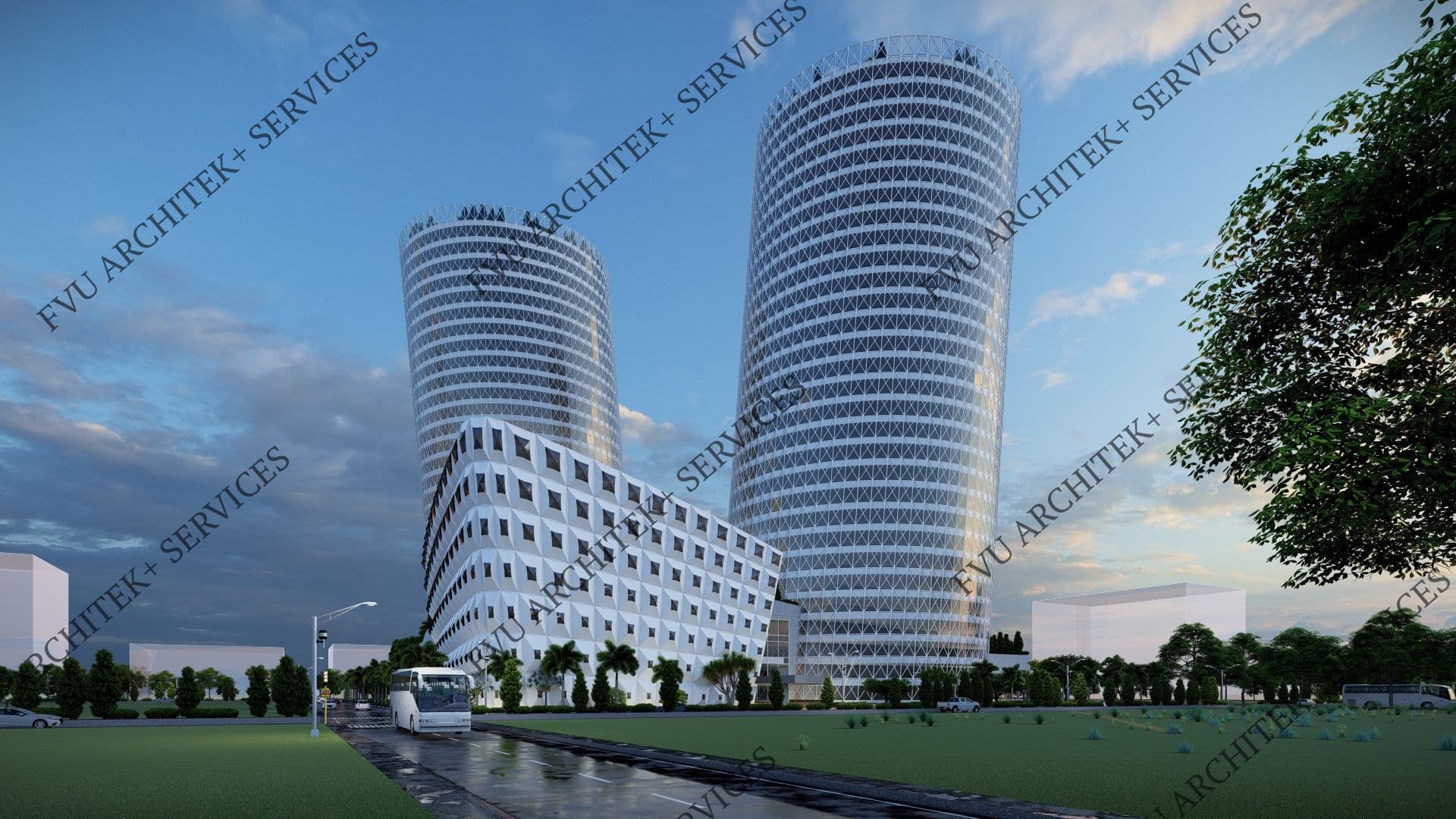 TWIN SLANTED GLASS TOWER